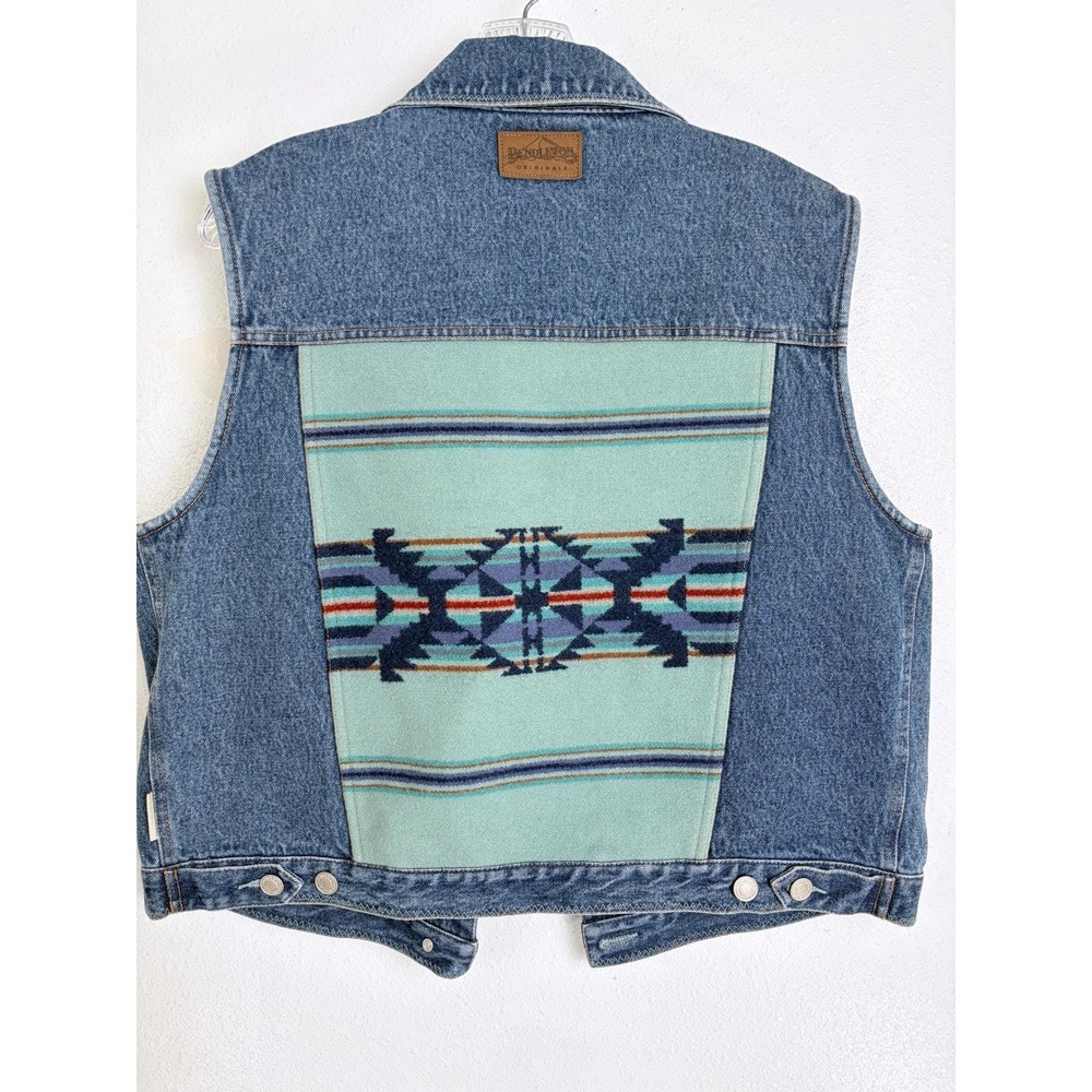 Pendleton Denim Vest Blue Southwestern Wool Back Panel Petite L Coastal Cowgirl